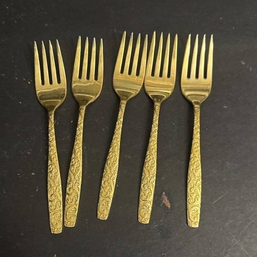 Americana Golden‎ Heritage Gold Electroplate Salad Forks Set of 5 Floral Scroll